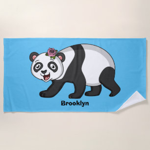 Serviette De Plage Cute happy panda bear with flower cartoon