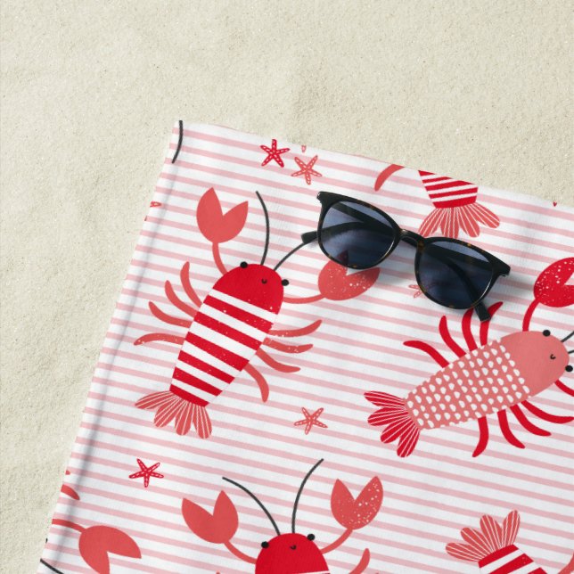 Serviette De Plage Cute homards sur bande blanche rose clair (En situation)