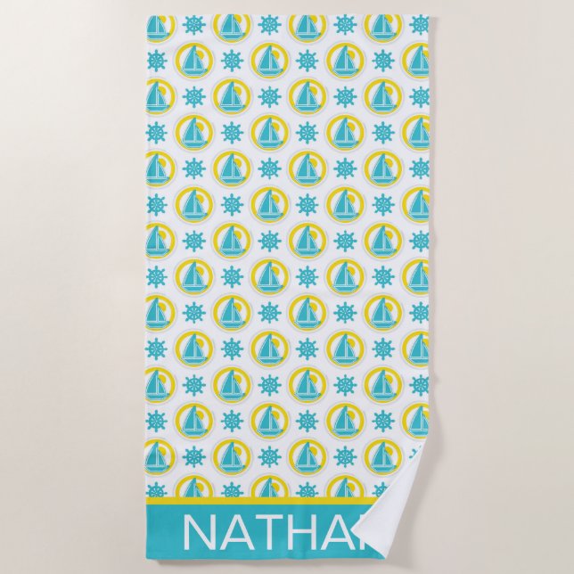 Serviette De Plage Cute Jaune et bleu Motif nautique Personnalisé (Devant)