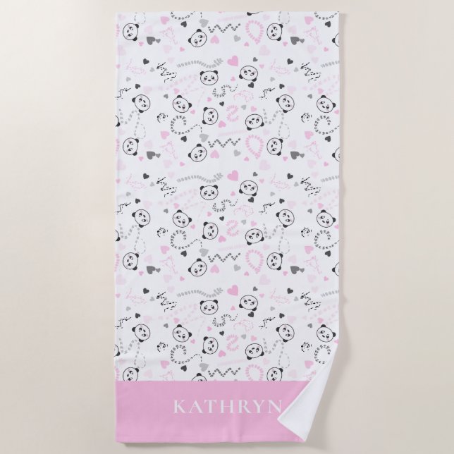 Serviette De Plage Cute Kawaii Panda Rose Grey Coeurs Personnalisé (Devant)