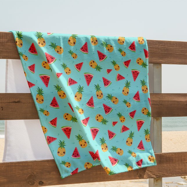 Serviette De Plage Cute Kawaii Smiling Ananas & Motif de pastèque (Créateur téléchargé)