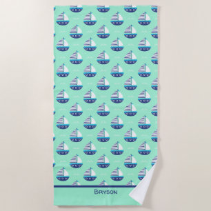 Serviette De Plage Cute Kids Motif bateau à voile Sea Green