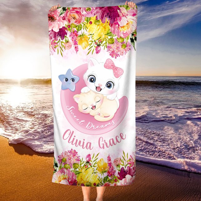 Serviette De Plage Cute Kitten Friends Blush Pink Flowers Nom personn (Créateur téléchargé)