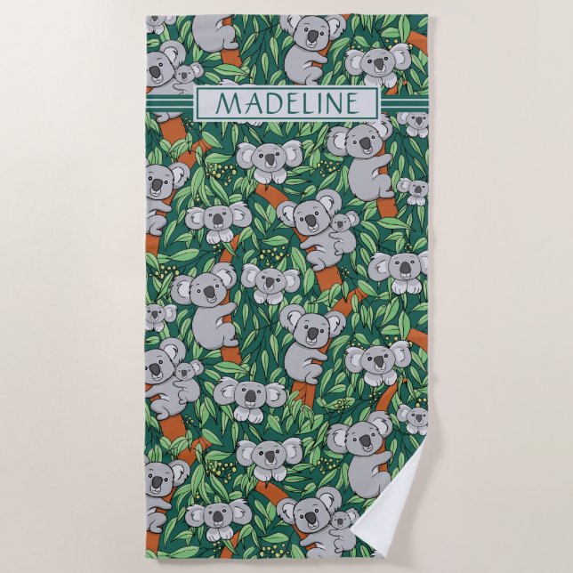 Serviette De Plage Cute Koala Motif Personnalisé Hunter Green (Devant)