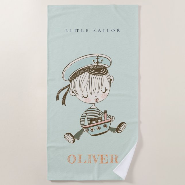 Serviette De Plage Cute Modern Aqua Blue Boys Little Sailor Nautical (Devant)