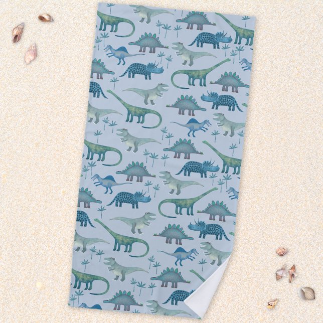 Serviette De Plage Cute Motif de dinosaure bleu préhistorique (Fun prehistoric dinosaur pattern beach towel for paleontologists of all ages)