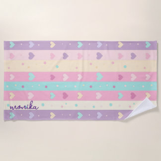 Serviette De Plage Cute Pastel Stripes Coeurs Pois Monogramme