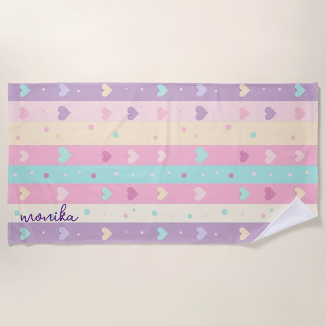 Serviette De Plage Cute Pastel Stripes Coeurs Pois Monogramme (Devant)