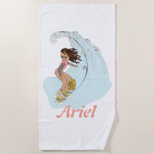 Serviette De Plage Cute Pastel Surfer Girl avec nom Summer Sun