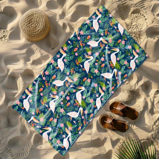 Serviette De Plage Cute pélicans coloré fleurs tropicales motif (Créateur téléchargé)