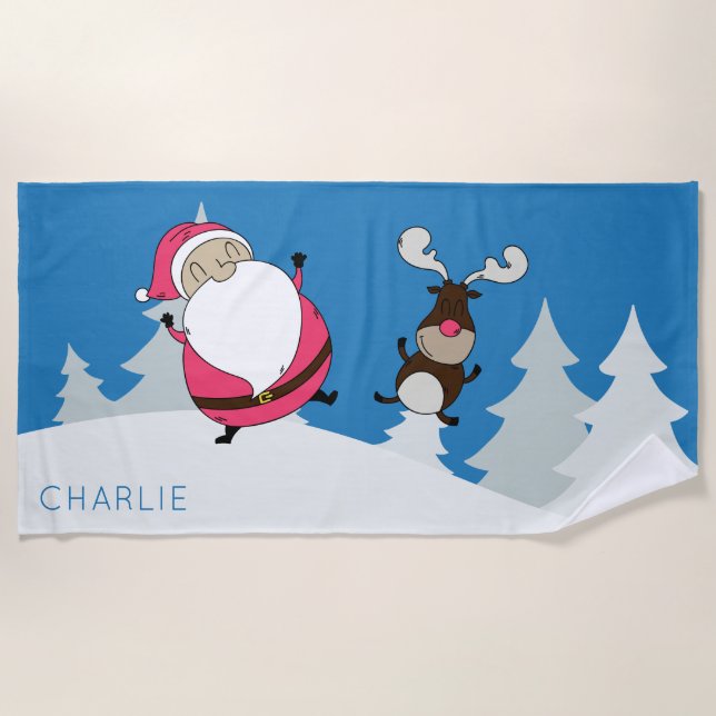 Serviette De Plage Cute Père Noël & Reindeer nom personnalisé serviet (Devant)
