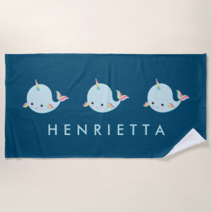 Serviette De Plage Cute Rainbow Narwhal Nom personnalisé Enfants