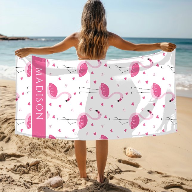 Serviette De Plage Cute rose fille Flamant rose amour coeur personnal (Créateur téléchargé)