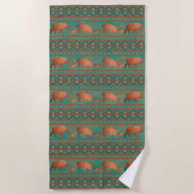 Serviette De Plage Cute sud-ouest Javelina Famille Cuivre Turquoise (Devant)