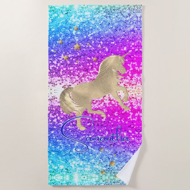 Serviette De Plage Cute unicorn rose Parties scintillant arc-en-ciel  (Devant)