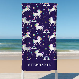 Serviette De Plage Cute Violet Arc-En-Ciel Coeurs Et Étoiles Unicorne
