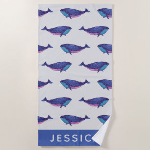 Serviette De Plage Cute Whale Art Motif dans Ocean Blue Personnalisé