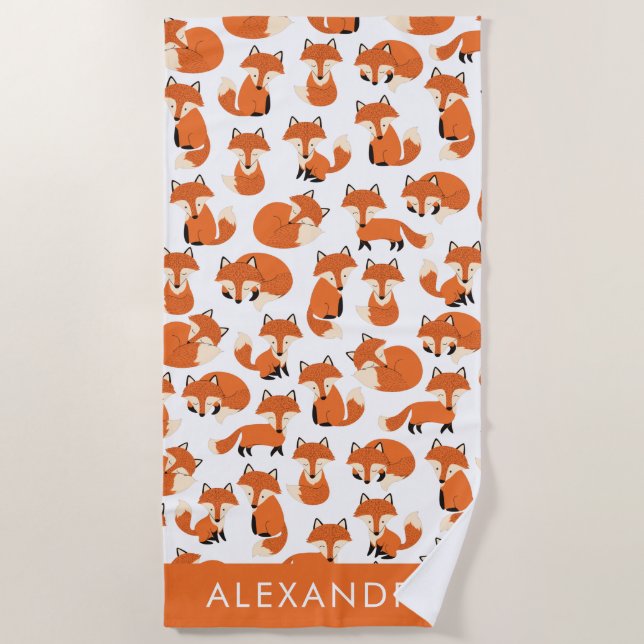Serviette De Plage Cute Woodland Autumn Forest Fox Motif avec nom (Devant)