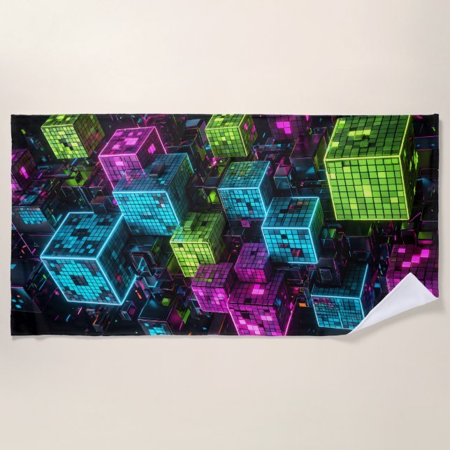 Serviette De Plage Cyan Magenta Lime Cyberpunk | Extrêmement 3D  (Devant)