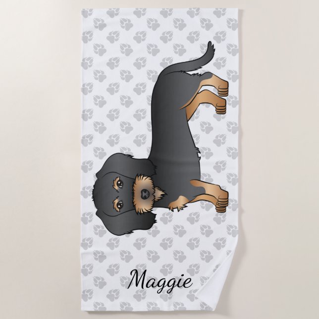 Serviette De Plage Dachshund à poil dur noir et feu avec nom (Devant)