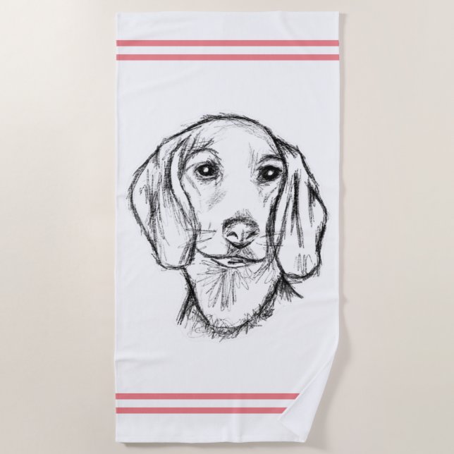 Serviette De Plage dachshund hand drawn sketch black white puppy dog  (Devant)