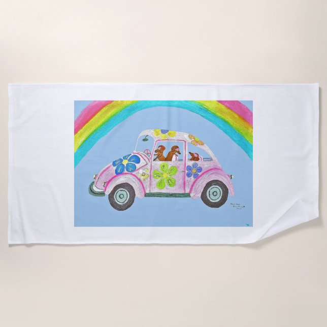 Serviette De Plage Dachshunds dans une voiture hippie (Devant)