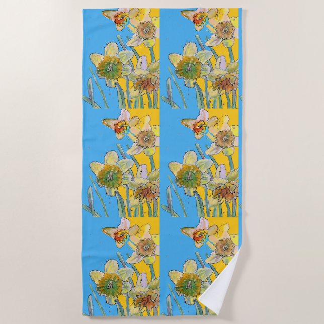 Serviette De Plage Daffodique Fleur Floral Aquarelle Bleu clair (Devant)