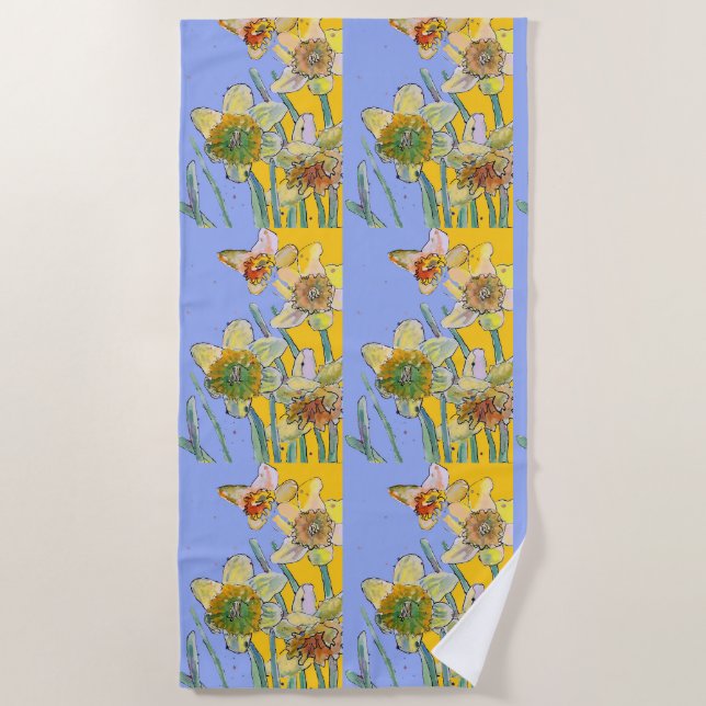 Serviette De Plage Daffodique Fleur Floral Aquarelle Violet Lilac (Devant)
