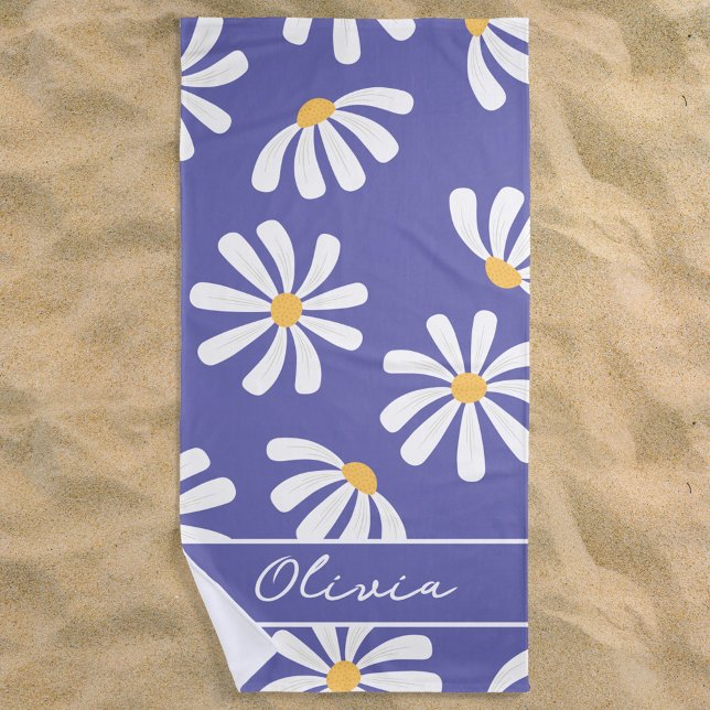 Serviette De Plage Daisy Floral Periwinkle Monogram Beach (Créateur téléchargé)