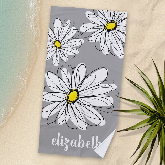 Serviette De Plage Daisy tendance avec gris et jaune (Personalized Beach Towel with flowers and Text)