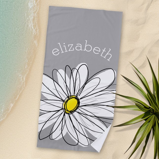 Serviette De Plage Daisy tendance avec gris et jaune (Personalized Beach Towel - Photo Collage -- Whimsical Daisy with a place to add your name)