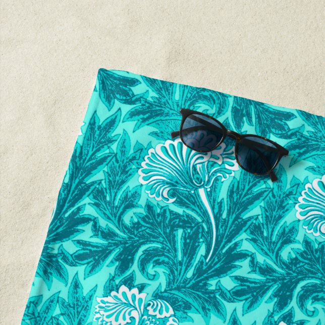 Serviette De Plage Damas de fleurs jacobées, turquoise et bleu Turquo (En situation)