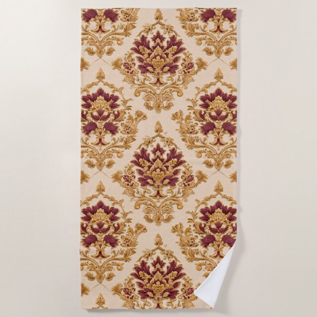 Serviette De Plage Damas floral doré ivoire (Devant)