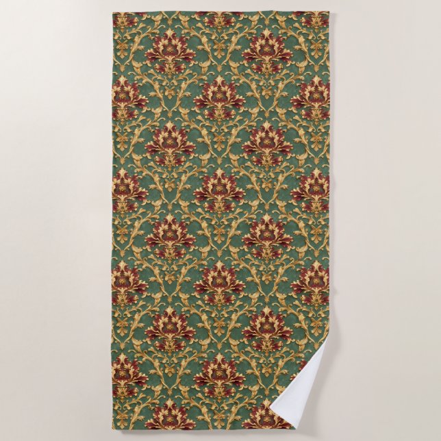 Serviette De Plage Damassé baroque or émeraude (Devant)