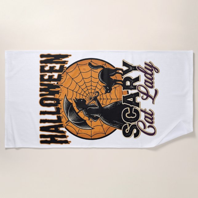 Serviette De Plage Dame de chat effrayante Halloween Sorcière Web Vin (Devant)