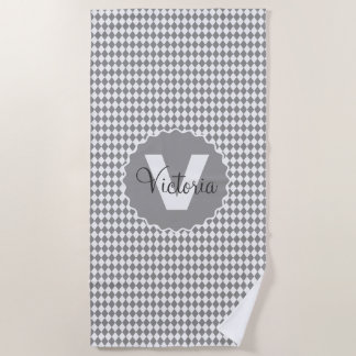 Serviette De Plage Damier en nuances de gris avec monogramme et nom