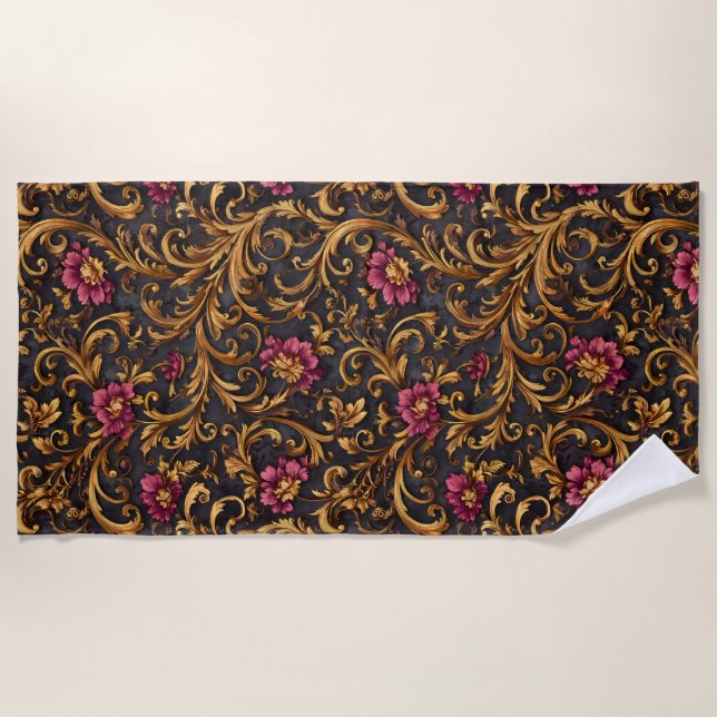 Serviette De Plage Dark Baroque Floral with Gold Scrolls (Devant)