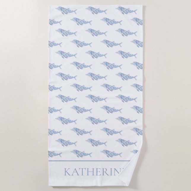 Serviette De Plage Dauphin à pois bleu aquarelle côtier (Devant)