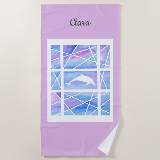 Serviette De Plage Dauphin dans le nom personnalisable en pastel (Devant)
