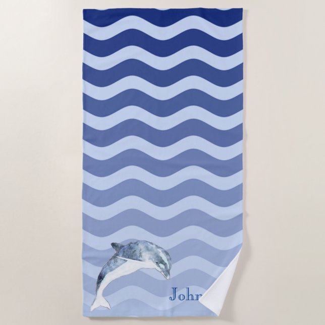 Serviette De Plage Dauphin Marin Rayures Bleu Marine Vagues (Devant)