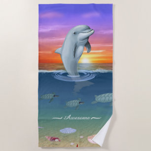 Serviette De Plage Dauphin Moderne Chic, Tortues & Écriture sur l'Océ