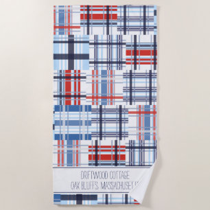 Serviette de plage de Madras rouge, blanc et bleu