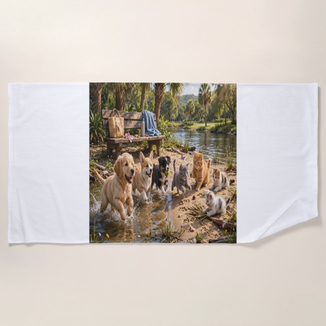 Serviette de plage de rivière avec chiots et chato (Devant)