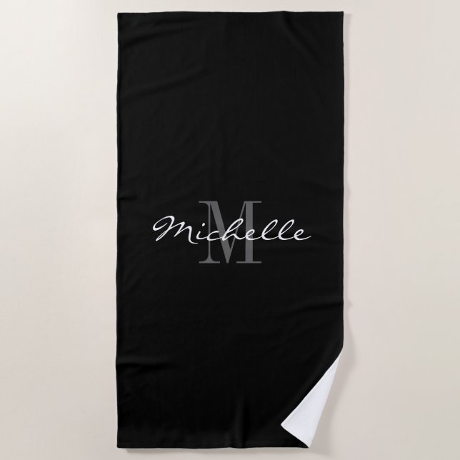 Serviette de plage décorée d'un monogramme noire (Devant)