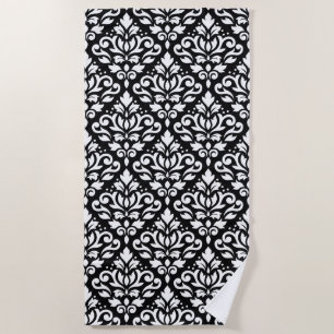 Serviette De Plage Défiler Damask Grand Motif blanc sur noir