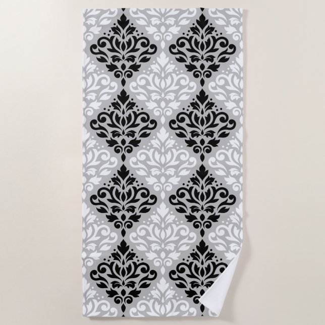Serviette De Plage Défiler Damask Grand Motif noir blanc gris (Devant)