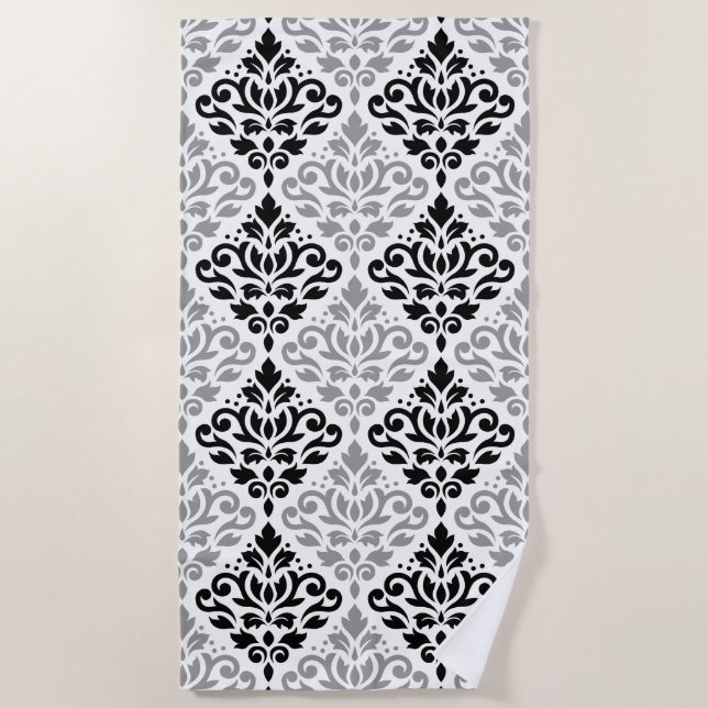 Serviette De Plage Défiler Damask Grand Motif noir gris blanc (Devant)