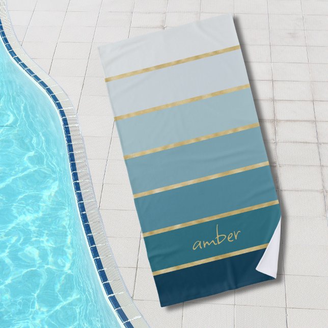 Serviette De Plage Dégradé de sarcelle élégant avec bandes dorées (Créateur téléchargé)