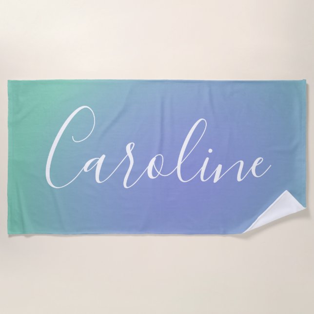 Serviette De Plage Dégradé Vert Rétro | Nom en écriture personnalisée (Devant)