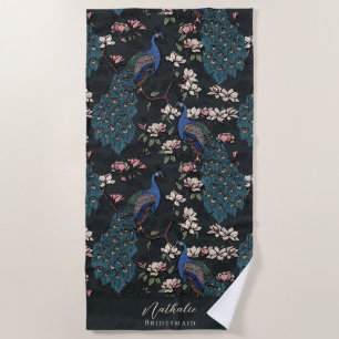 Serviette De Plage Demoiselle d'honneur élégante Paon et Fleur Noir